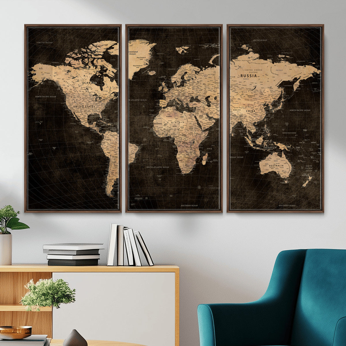 15118265-MGV-CV-36X24 - Brown World Map Canvas Print | Modern Travel Map Wall Art