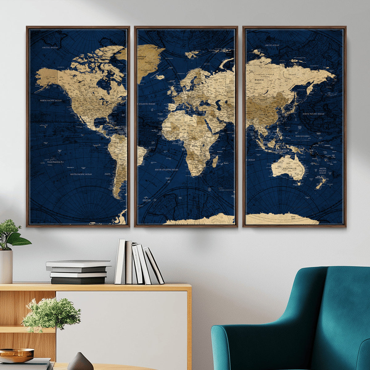 54770746-MGV-CV-36X24 - Navy Blue World Map Canvas Print – Detailed Map Minimal Navy