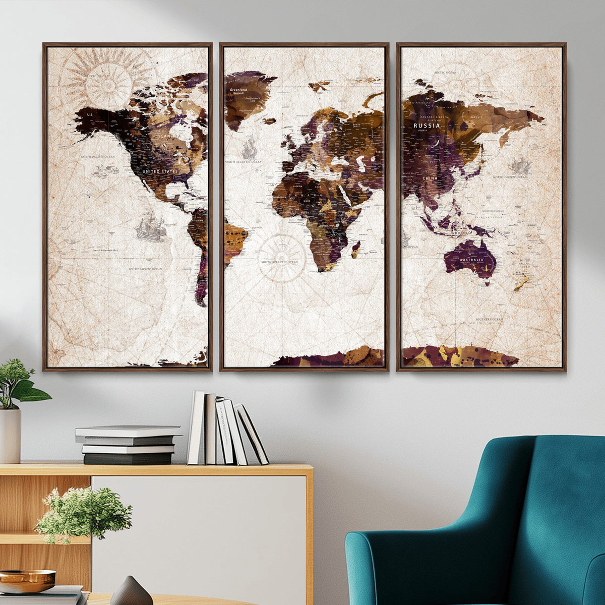 53400857-MGV-CV-36X24 - Blue Watercolor World Map Canvas Print – Framed Modern Wall