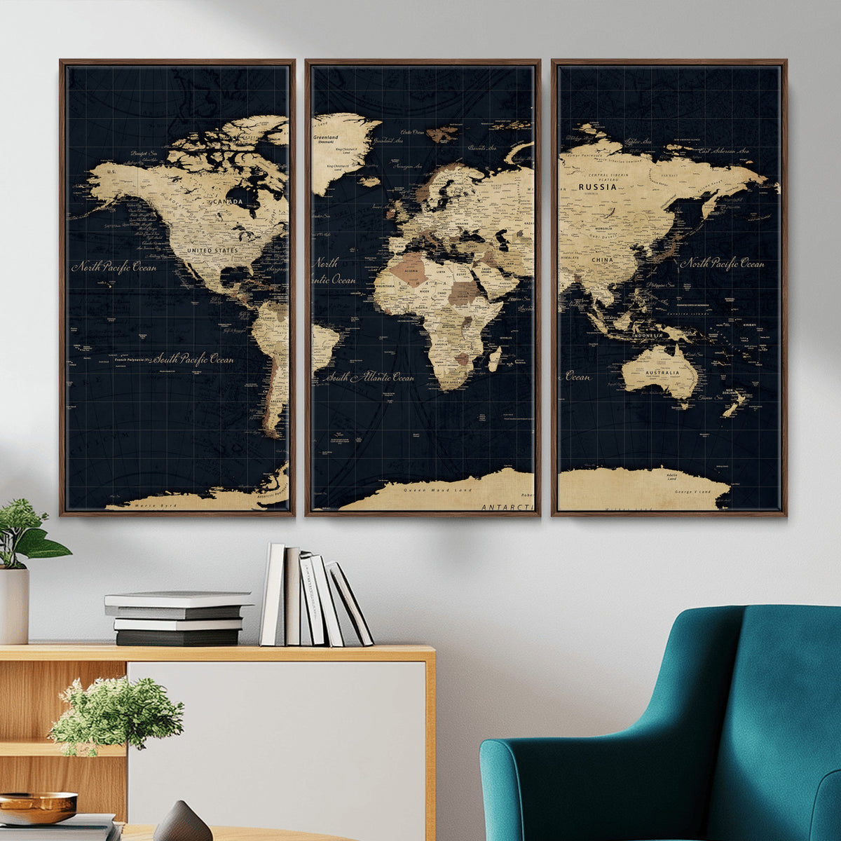 45063434-MGV-CV-36X24 - Dark World Map Canvas Wall Art Print, Minimal Black and Gold Map
