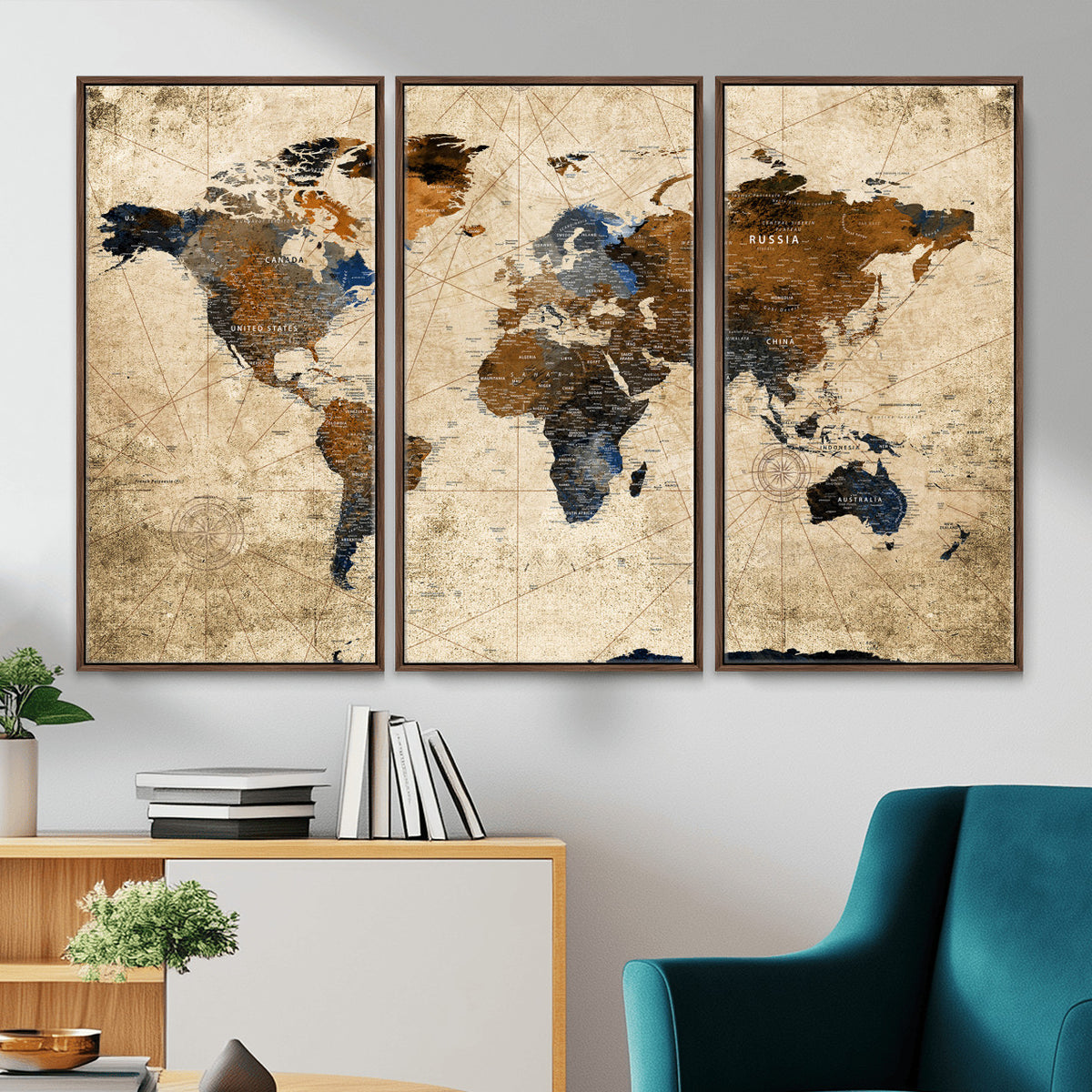 27163414-MGV-CV-36X24 - World Map Wall Art – Rustic Earth Tone Canvas Print, Antique