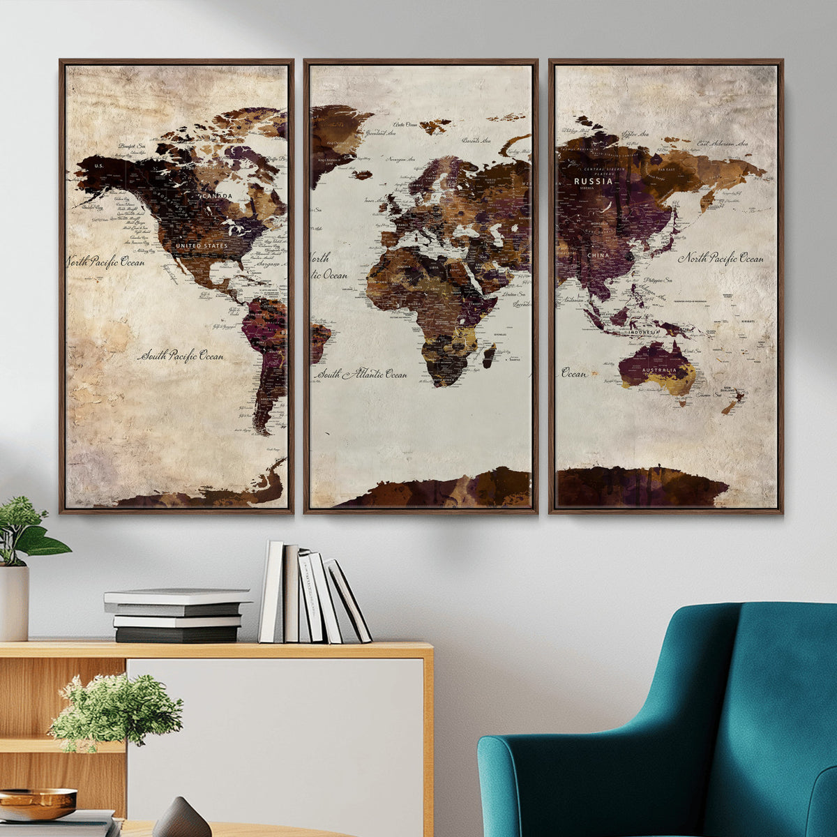 50611123-MGV-CV-36X24 - World Map Canvas Triptych | Colorful Global Wall Art for Living Rooms