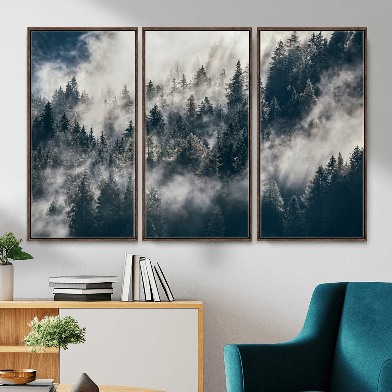 63405824-MGV-CV-36X24 - Foggy Mountain Forest Canvas Print, Misty Pine Trees Nature Wall Art, Framed Canvas Ready to Hang