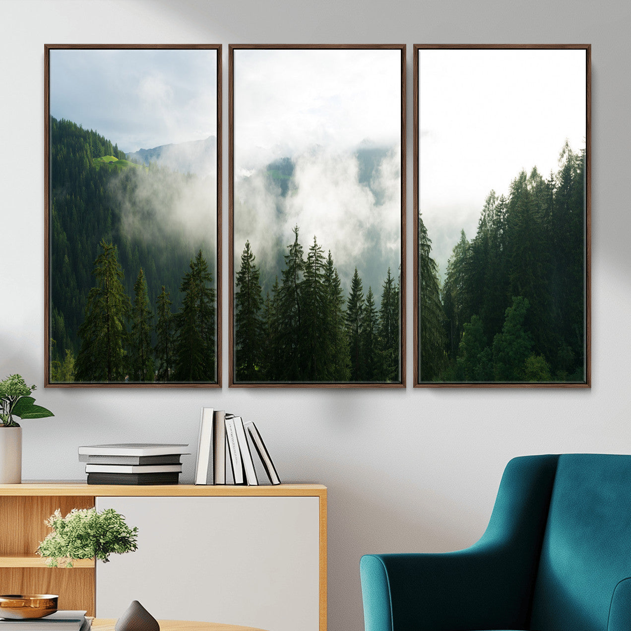 67174129-MGV-CV-36X24 - Misty Mountain Forest Canvas Print, Foggy Pine Trees Nature Wall Art, Framed Canvas Ready to Hang