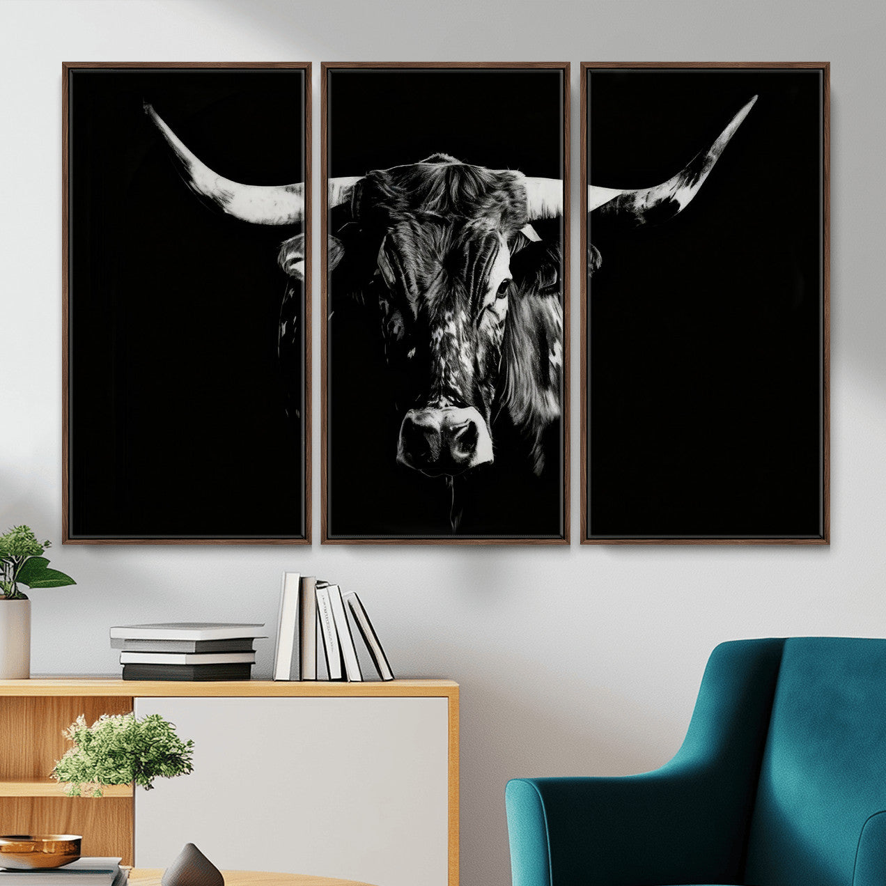 21436434-MGV-CV-36X24 - Black Bull Wall Art Canvas Print, Dark Longhorn Portrait Photography, Framed Wall Art Ready to Hang