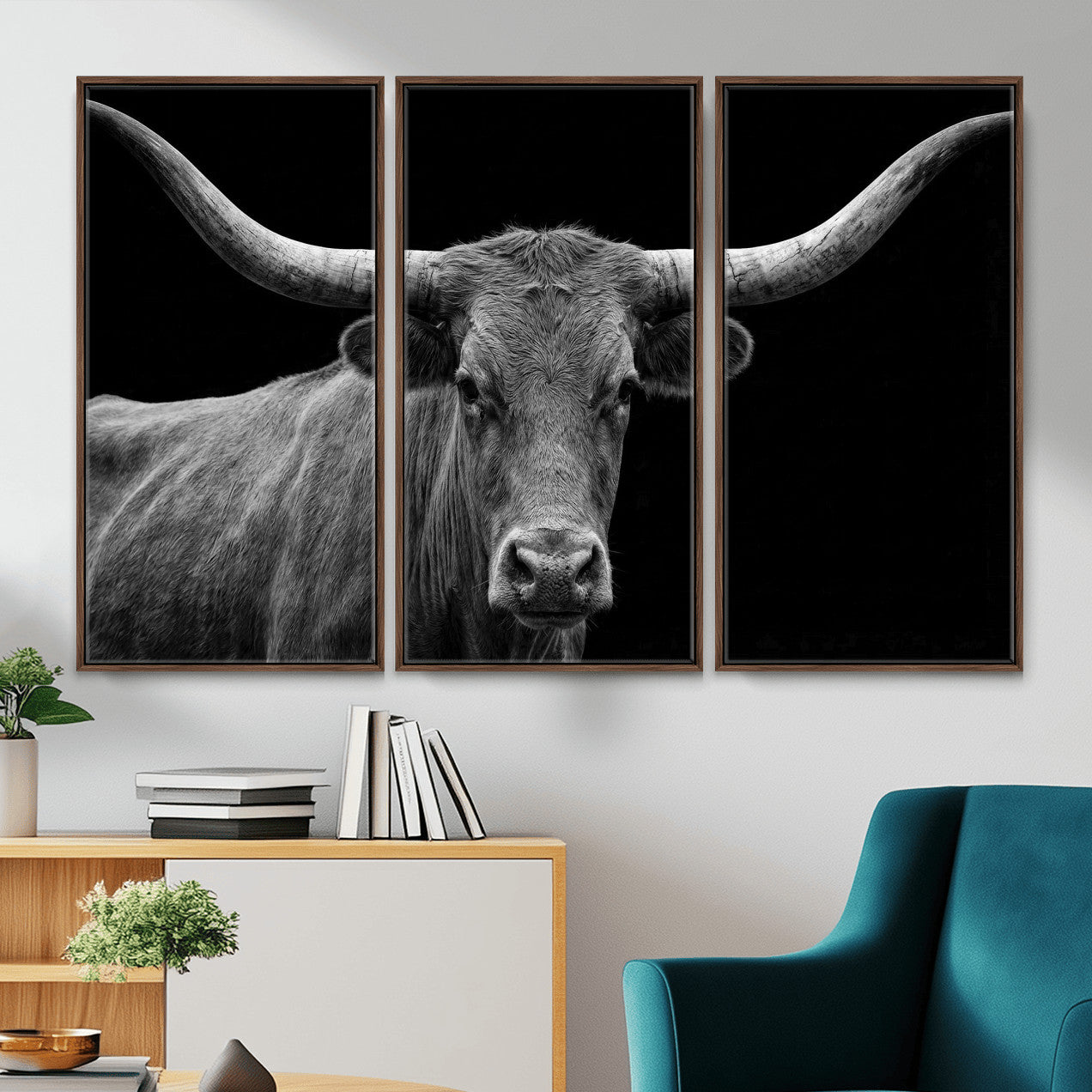 32601430-MGV-CV-36X24 - Texas Longhorn Bull Wall Art Canvas Print, Cow Portrait Photography, Framed Wall Art Ready to Hang