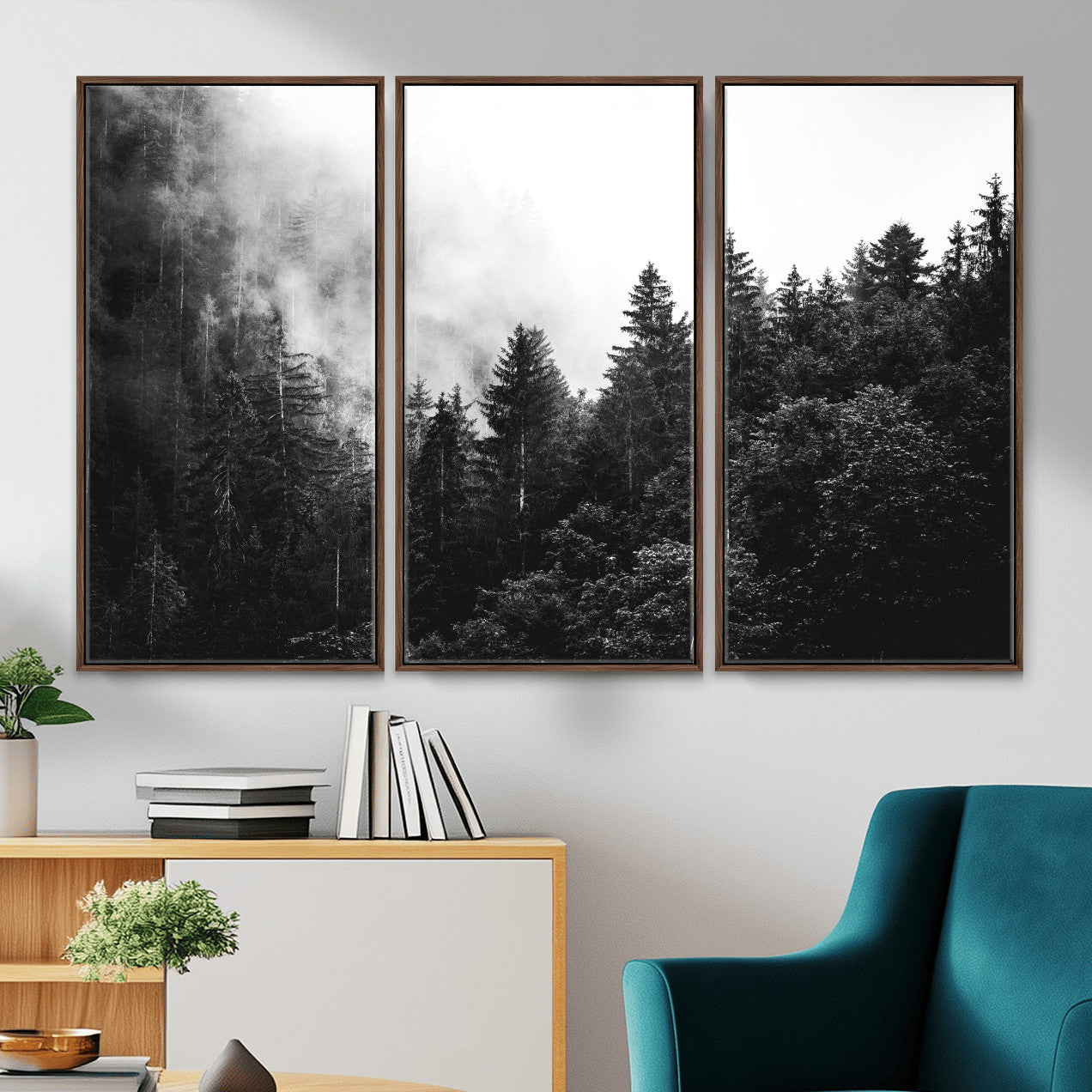 98764151-MGV-CV-36X24 - Black and White Forest Wall Art Canvas Print, Misty Pine Tree Landscape Photography, Framed Wall Art Ready to Hang