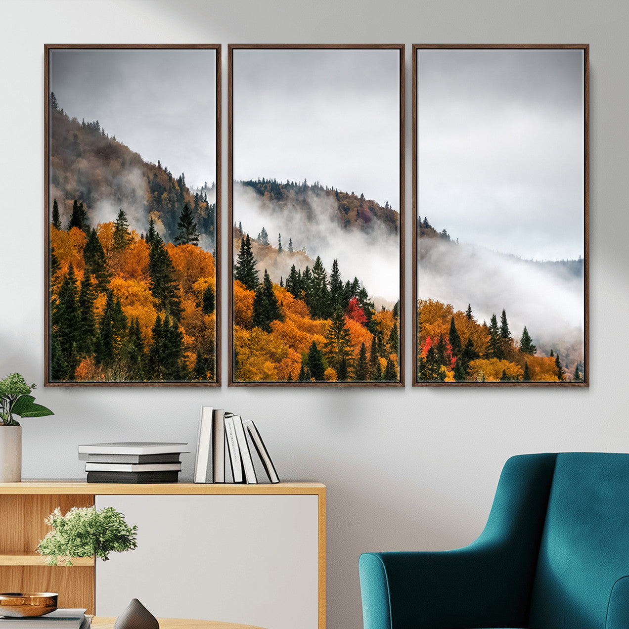 93581632-MGV-CV-36X24 - Autumn Forest Wall Art Canvas Print, Foggy Mountain Landscape Nature Photography, Framed Wall Art Ready to Hang