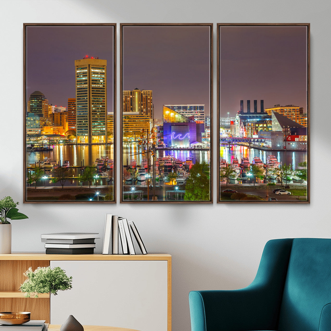 42654823-MGV-CV-36X24 - Baltimore Skyline Wall Art Canvas Print, Baltimore Downtown Night Cityscape Print for Modern Urban Wall Decor