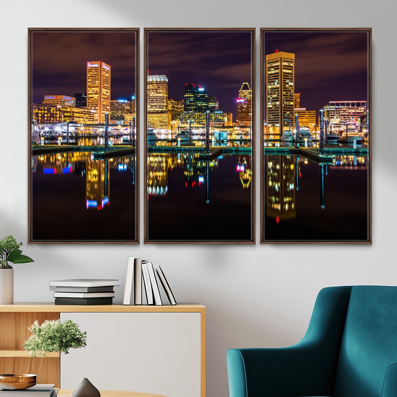 38201692-MGV-CV-36X24 - Baltimore Skyline Wall Art Canvas Print, Baltimore Downtown Night Cityscape Print for Modern Urban Wall Decor