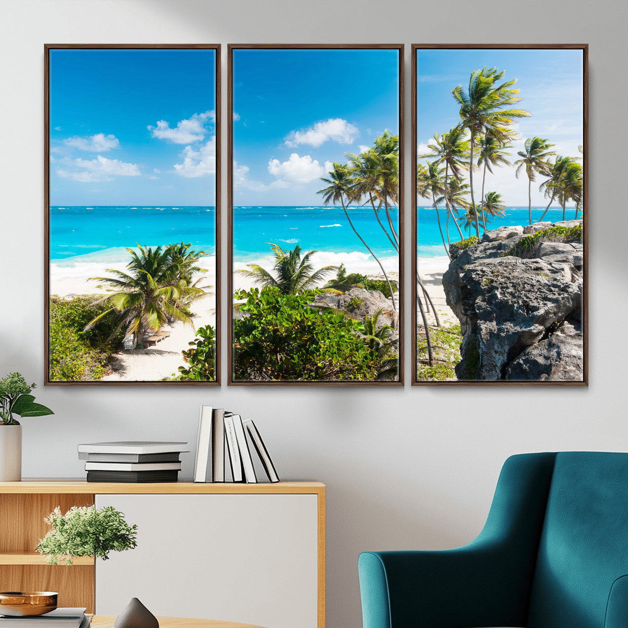 79995168-MGV-CV-36X24 - Barbados Beach Wall Art Canvas Print, Palm Tree Ocean Landscape, Turquoise Sea Coastal Photography, Tropical Island Wall Decor, Framed Ready to Hang