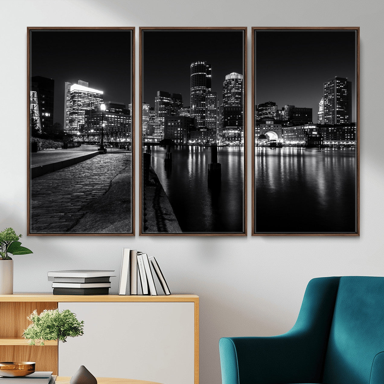 53082656-MGV-CV-36X24 - Boston Wall Art Canvas Print, Boston City Downtown Night Cityscape Print for Modern Urban Wall Decor