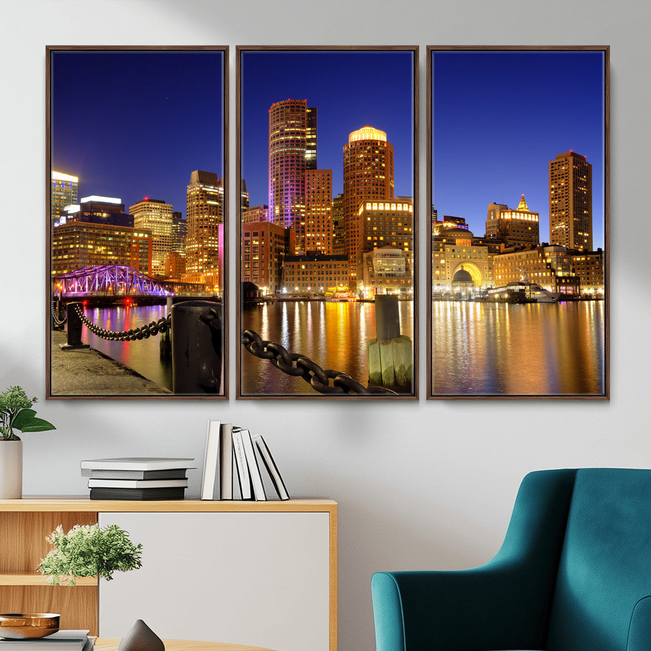 56611117-MGV-CV-36X24 - Boston Wall Art Canvas Print, Boston City Downtown Night Cityscape Print for Modern Urban Wall Decor