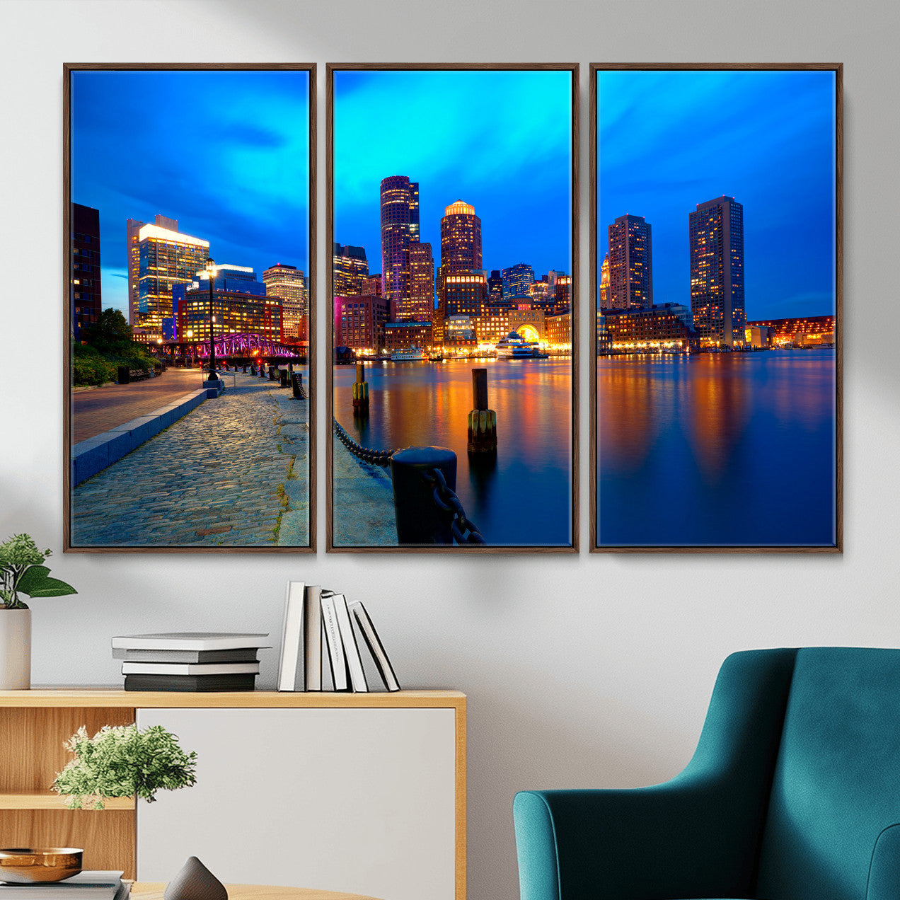 69619565-MGV-CV-36X24 - Boston Wall Art Canvas Print, Boston City Downtown Night Cityscape Print for Modern Urban Wall Decor