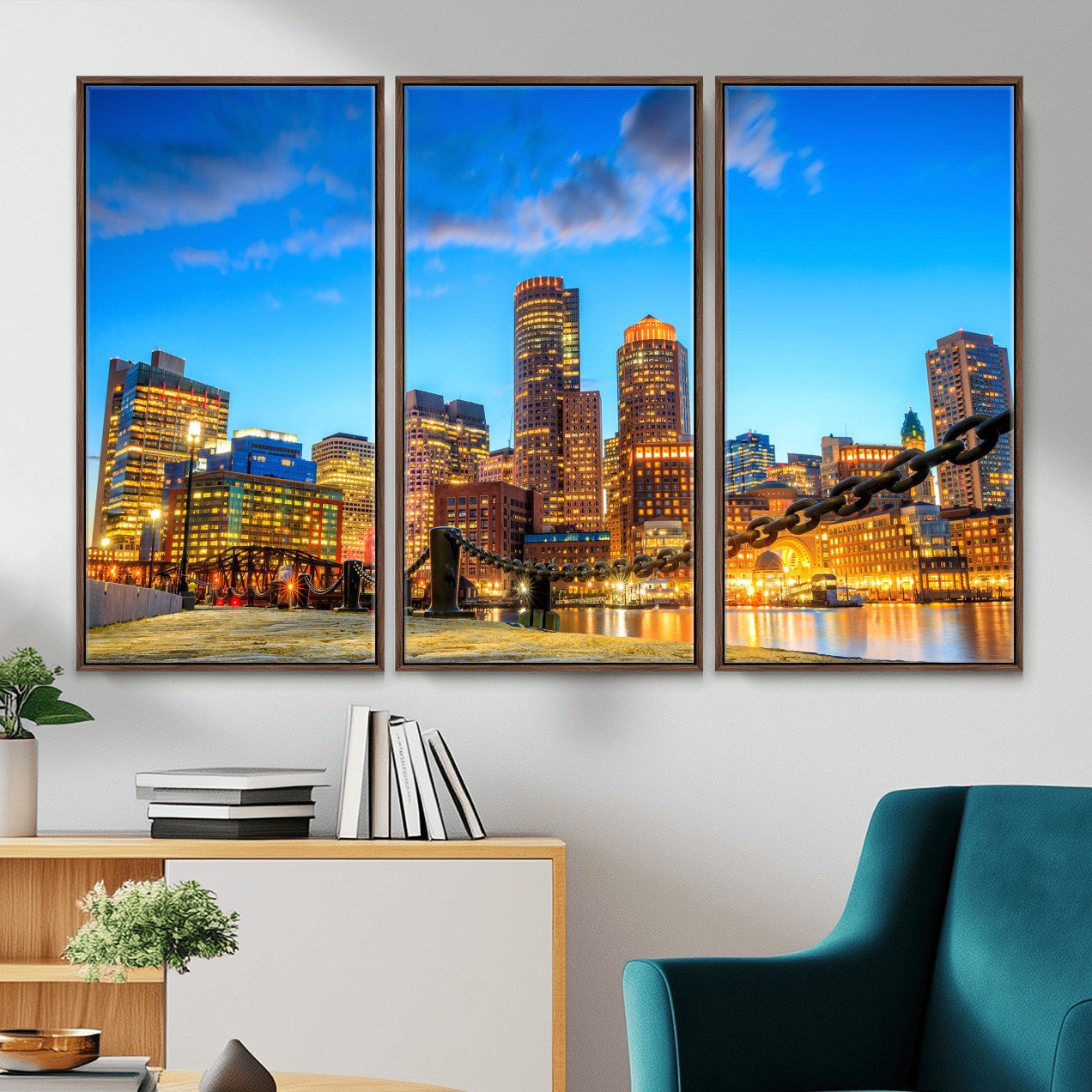 46736409-MGV-CV-36X24 - Boston Wall Art Canvas Print, Boston City Downtown Night Cityscape Print for Modern Urban Wall Decor