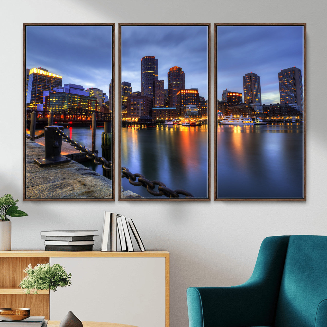 82439622-MGV-CV-36X24 - Boston Wall Art Canvas Print, Boston City Downtown Night Cityscape Print for Modern Urban Wall Decor
