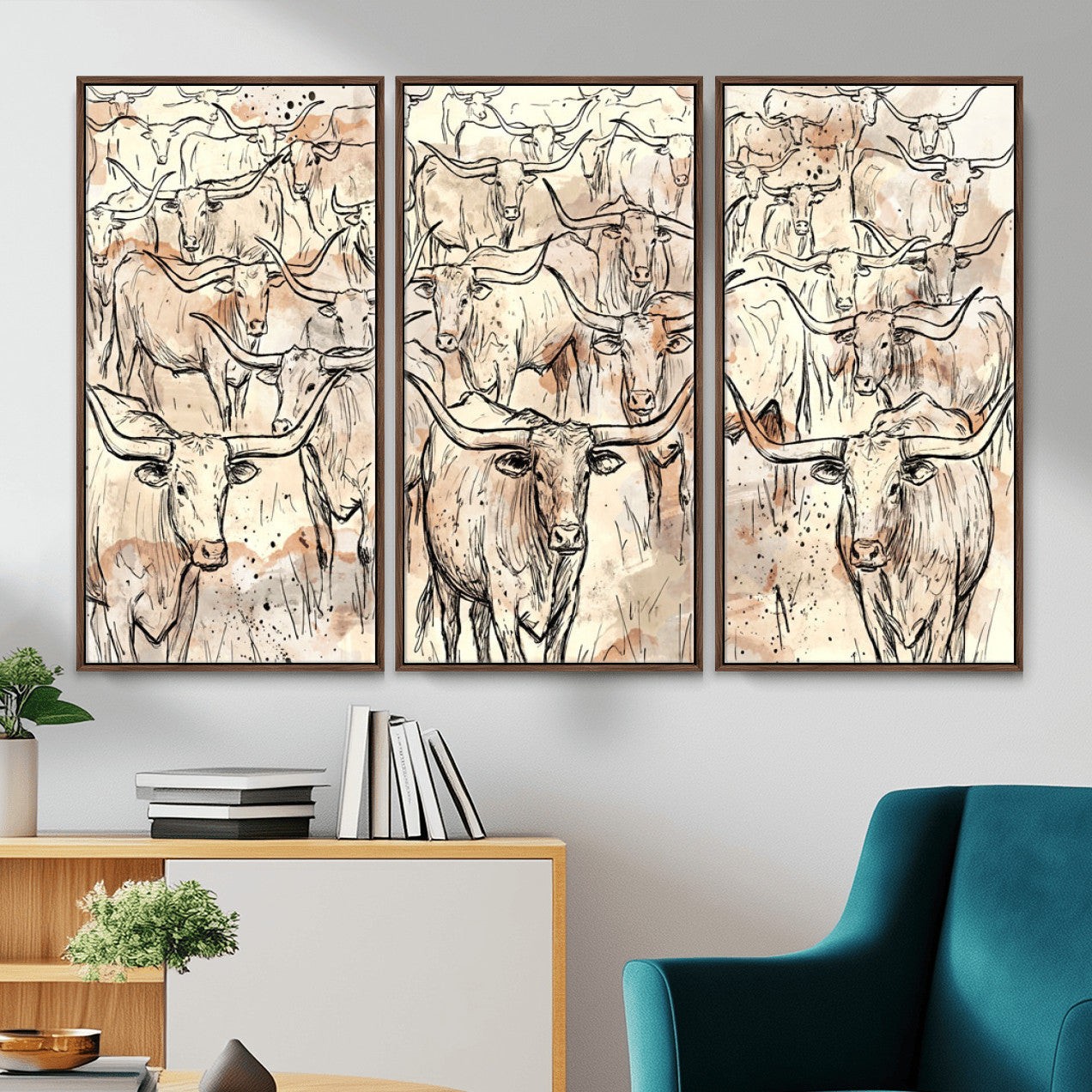 94055403-MGV-CV-36X24 - Farmhouse Animals Wall Art Canvas Print - Abstract Farm Animal Drawing Mid-Century Wall Art for Cabin Decor