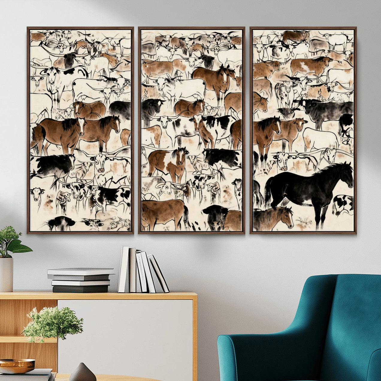 86150485-MGV-CV-36X24 - Farmhouse Animals Wall Art Canvas Print - Abstract Farm Animal Drawing Mid-Century Wall Art for Cabin Decor