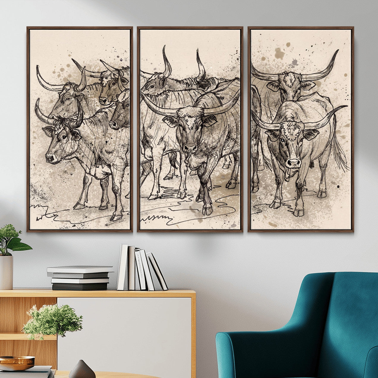 74232558-MGV-CV-36X24 - Farmhouse Animals Wall Art Canvas Print - Abstract Farm Animal Drawing Mid-Century Wall Art for Cabin Decor