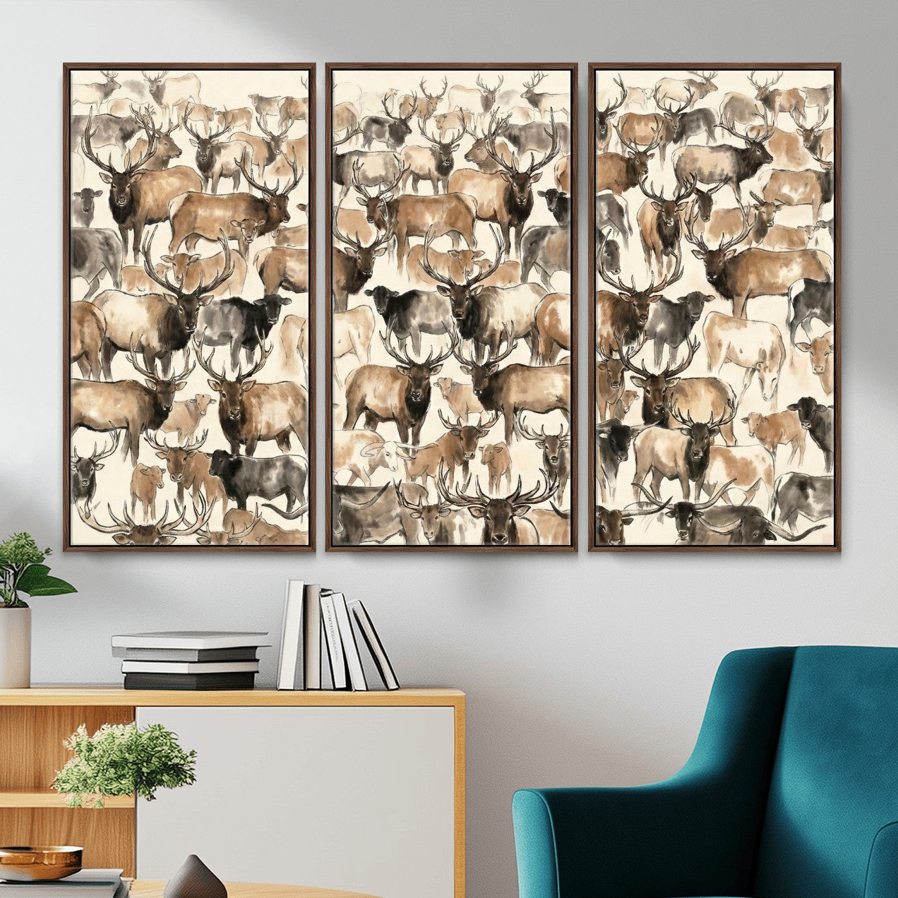 24374881-MGV-CV-36X24 - Farmhouse Animals Wall Art Canvas Print - Abstract Farm Animal Drawing Mid-Century Wall Art for Cabin Decor
