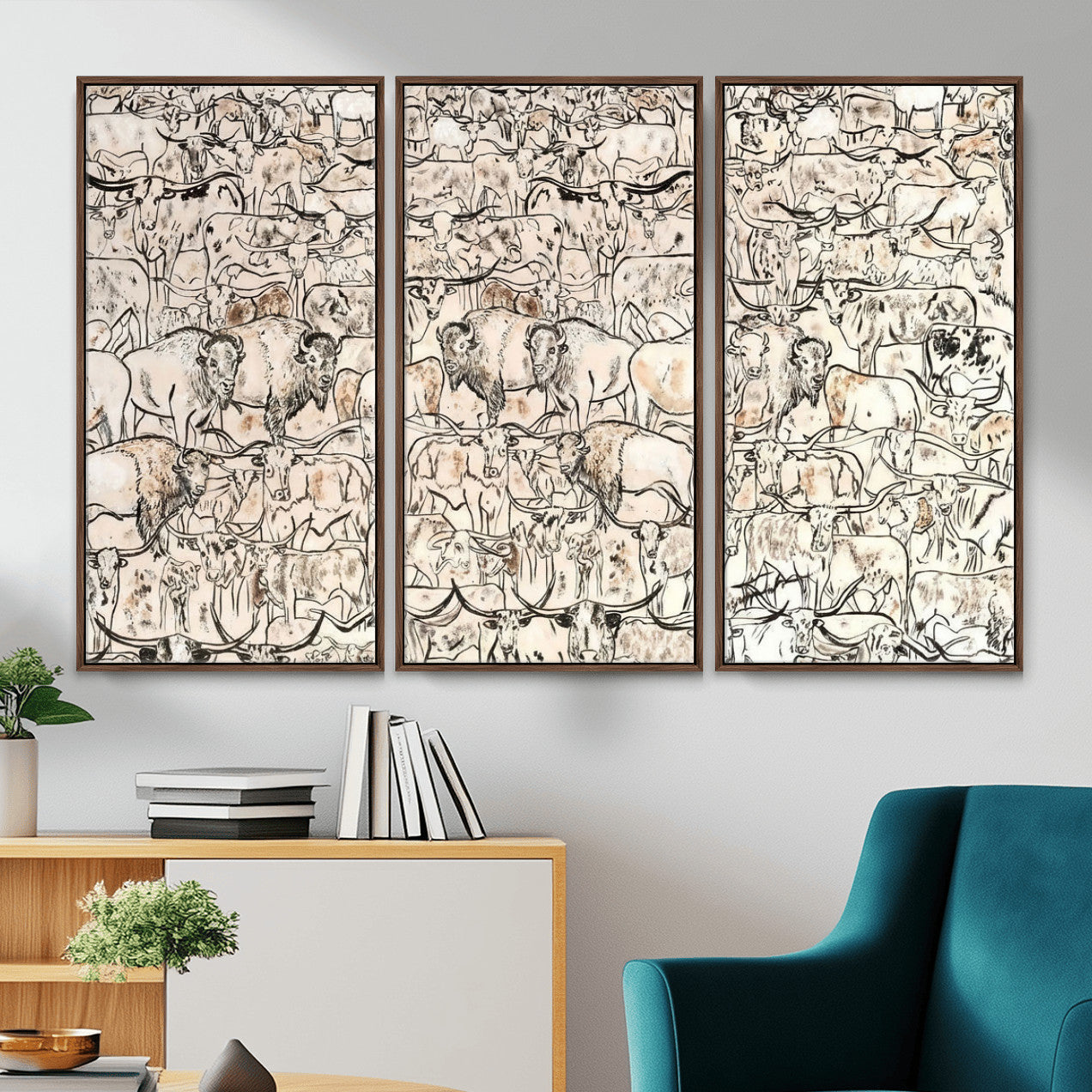 36925875-MGV-CV-36X24 - Farmhouse Animals Wall Art Canvas Print - Abstract Farm Animal Drawing Mid-Century Wall Art for Cabin Decor