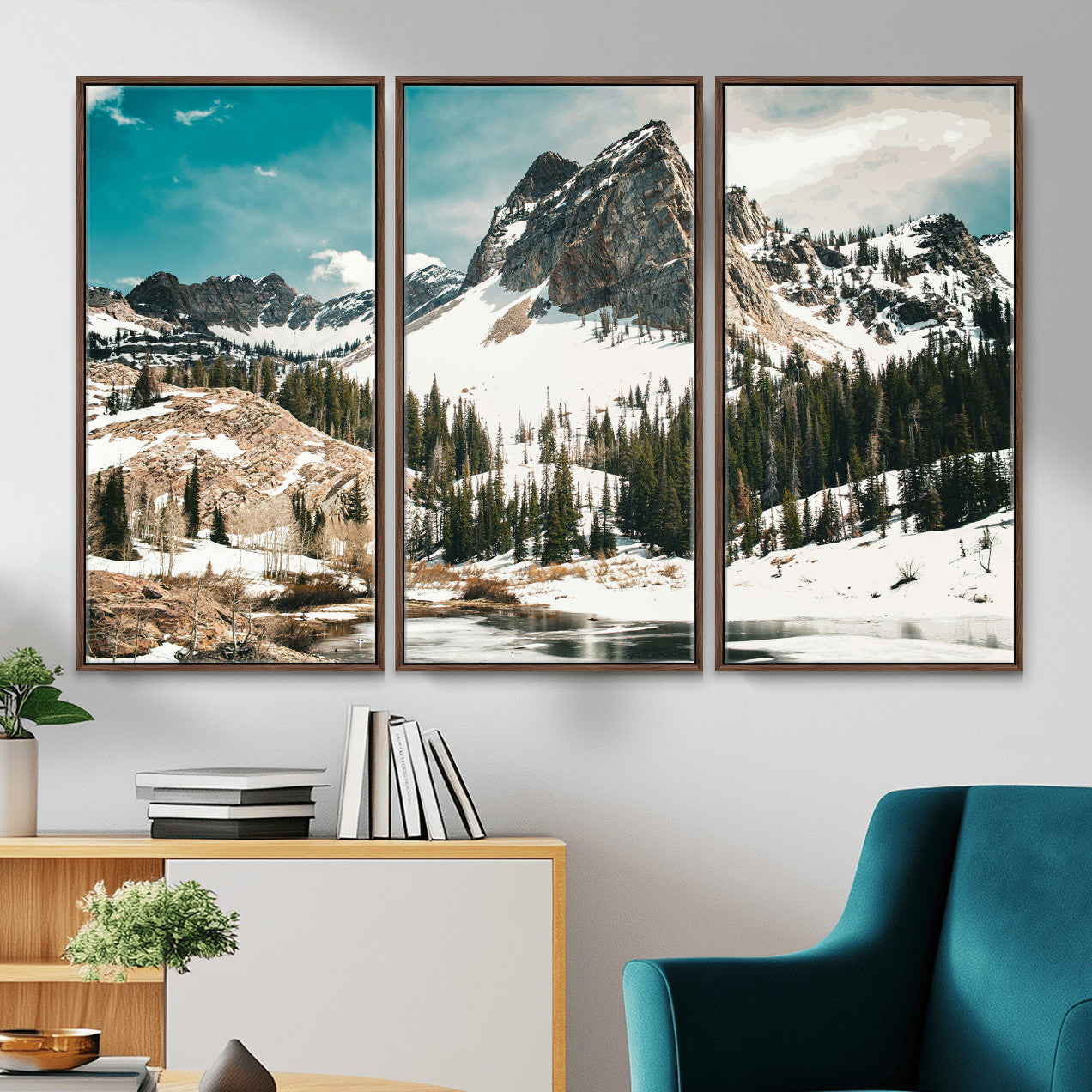 56837070-MGV-CV-36X24 - Snowy Mountain Landscape Wall Art Canvas Print, Alpine Pine Forest Winter Nature Wall Decor for Living Room and Office