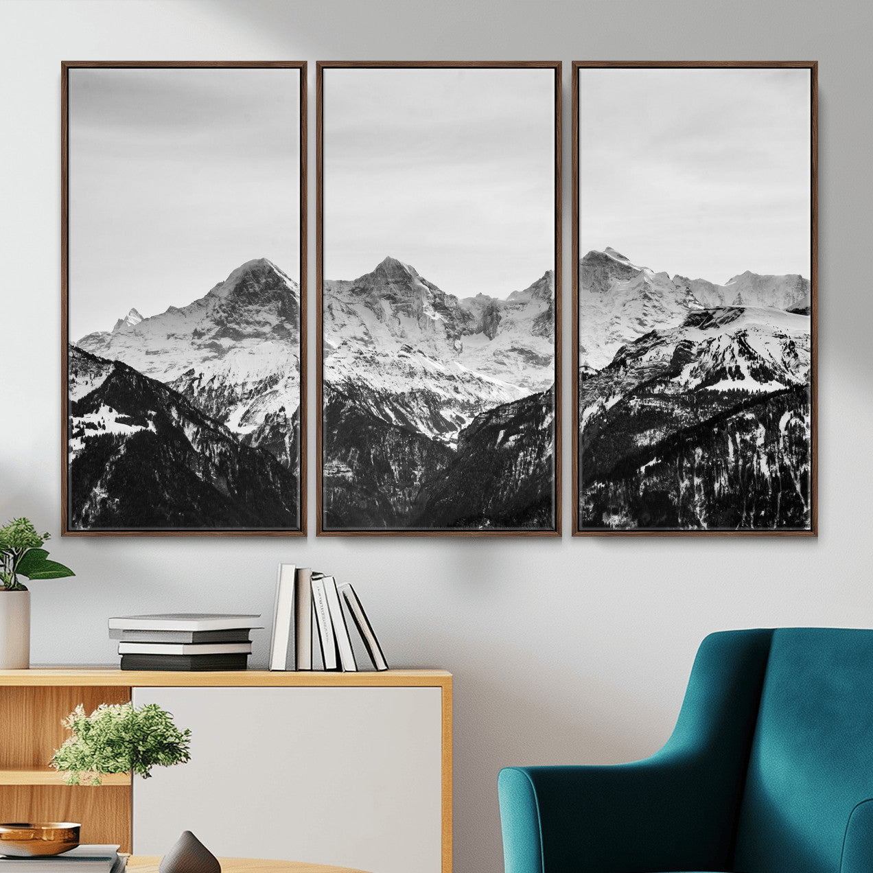 85684934-MGV-CV-36X24 - Black and White Mountain Wall Art Canvas Print, Snowy Alpine Peaks Landscape Photography, Minimal Monochrome Mountain Art, Scenic Nature Wall Decor