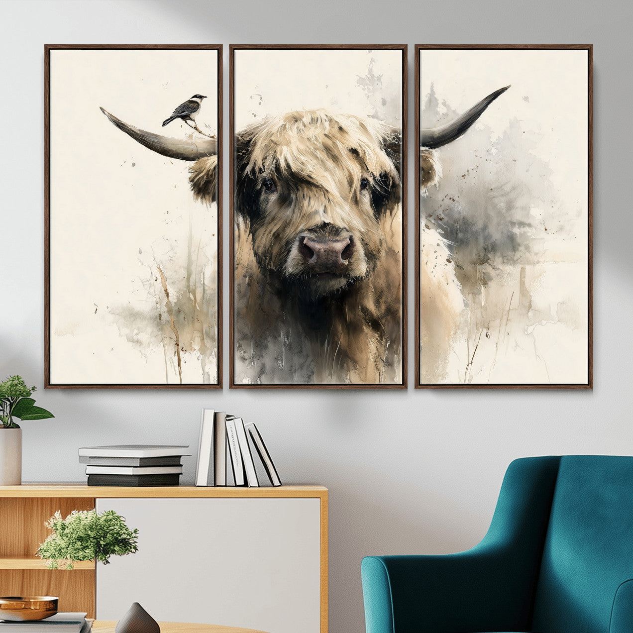 98249290-MGV-CV-36X24 - Abstract Highland Cow Watercolor Animal Wall Art Canvas Print, Rustic Farm Cattle Portrait Canvas Print, Neutral Wildlife Farmhouse Art Printing