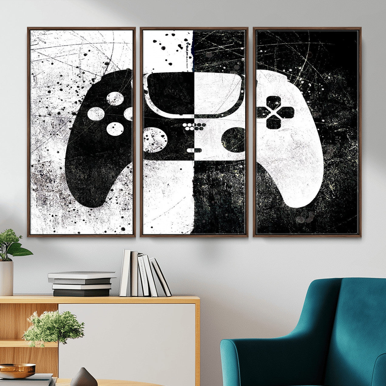 17525128-MGV-CV-36X24 - Abstract Gaming Controller Wall Art Canvas Print, Black White Video Game Controller Modern Canvas Print, Minimal Gamer Graphic Art Printing