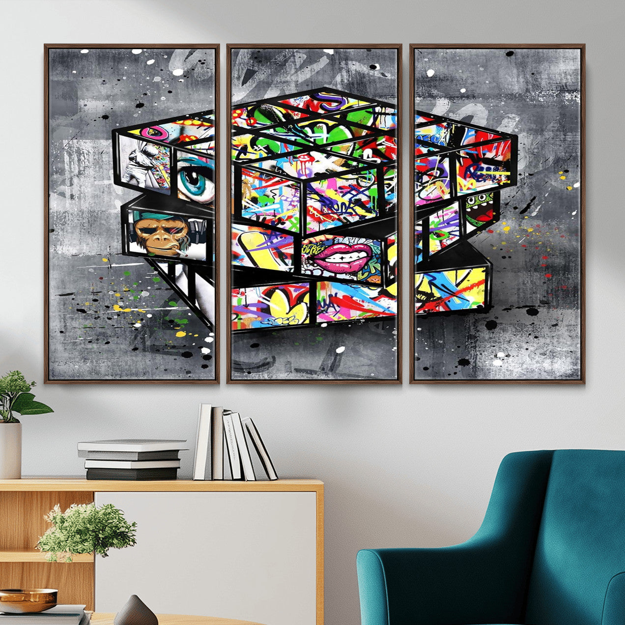 46789556-MGV-CV-36X24 - Graffiti Cube Abstract Street Art Wall Art Canvas Print, Colorful Urban Pop Art Geometric Canvas Print, Modern Street Art Contemporary Art Printing