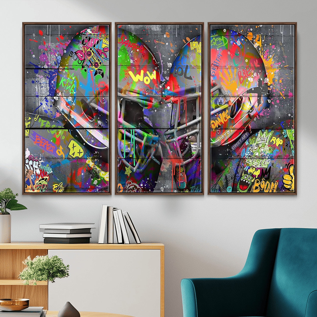15309853-MGV-CV-36X24 - Graffiti Football Helmets Wall Art Canvas Print, Urban Street Art Sports Decor, Colorful American Football Graffiti Artwork