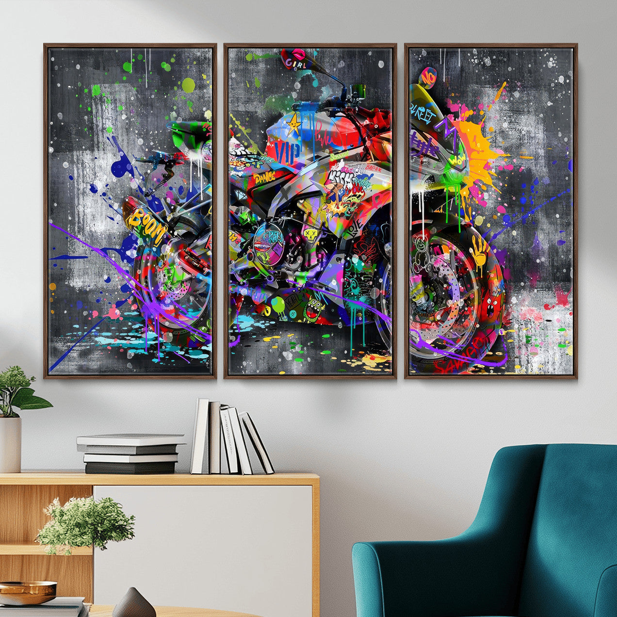 83021767-MGV-CV-36X24 - Graffiti Motorcycle Wall Art Canvas Print, Urban Street Art Motorbike Decor, Colorful Graffiti Sports Bike Artwork