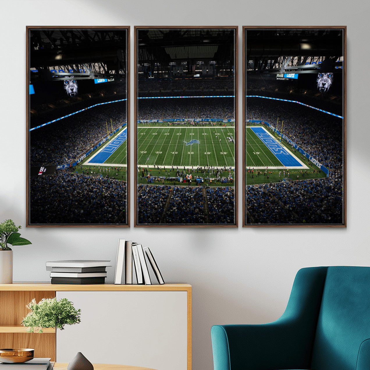 16709602-MGV-CV-36X24 - Detroit Lions Stadium Wall Art Canvas Print, Football Field Panorama Artwork, NFL Game Night Stadium Decor