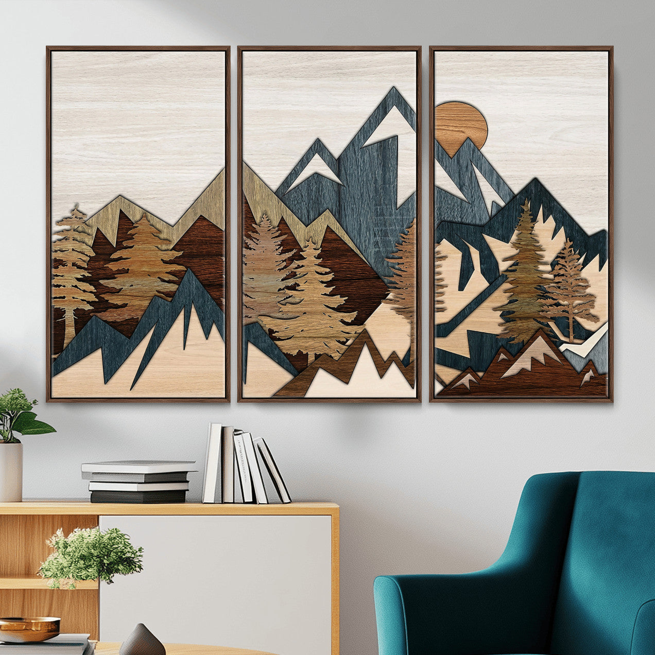 61833055-MGV-CV-36X24 - Mountain Forest Wall Art Canvas Print, Layered Wood Landscape Artwork, Rustic Nature Wall Decor for Living Room