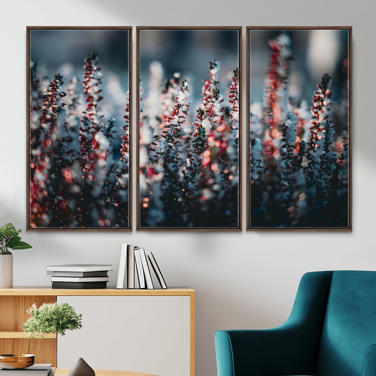 82063935-MGV-CV-36X24 - Winter Heather Wall Art Canvas Print, Frosted Floral Nature Art, Moody Botanical Wall Decor