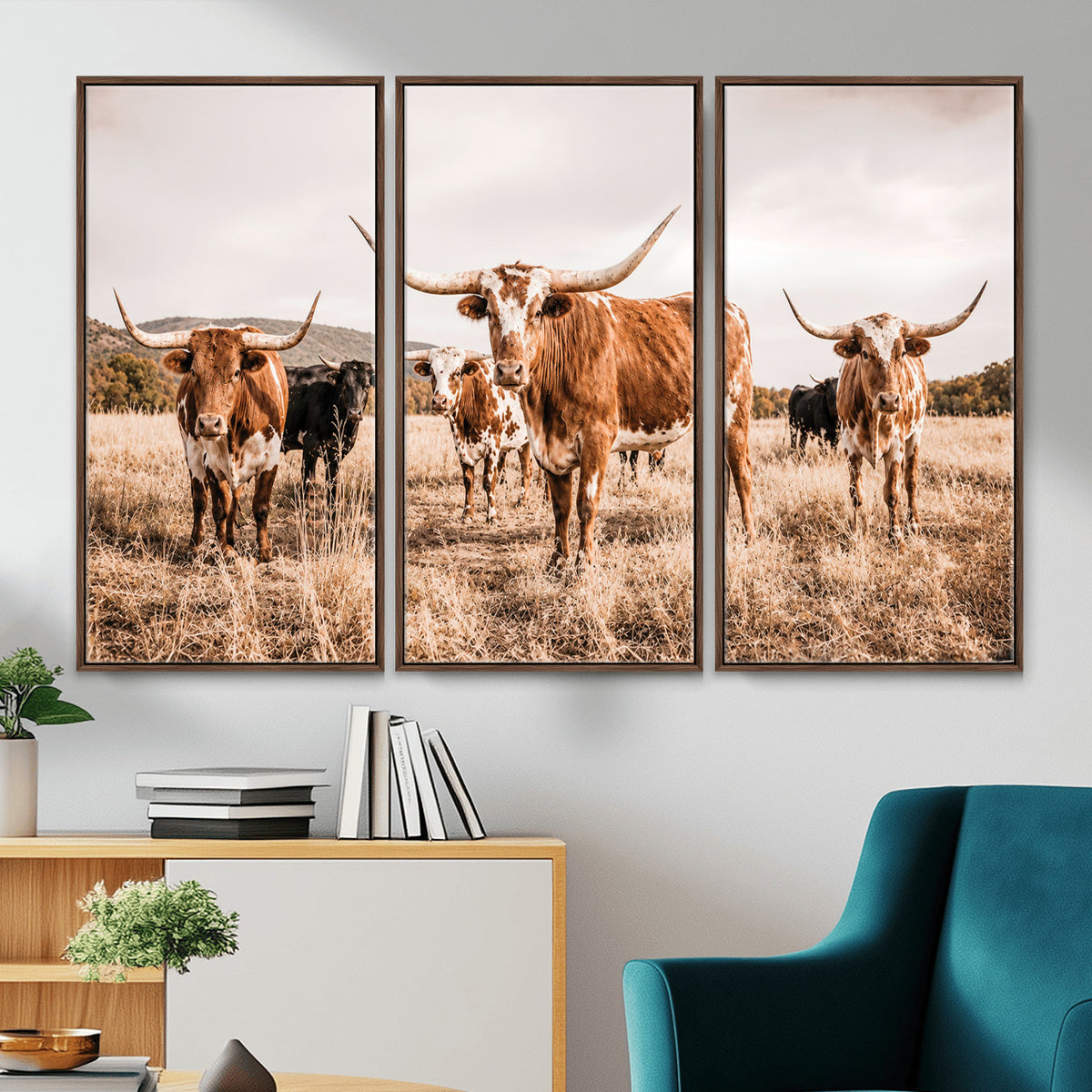 27539727-MGV-CV-36X24 - Texas Longhorn Cattle Wall Art Canvas Print, Sepia Western Decor