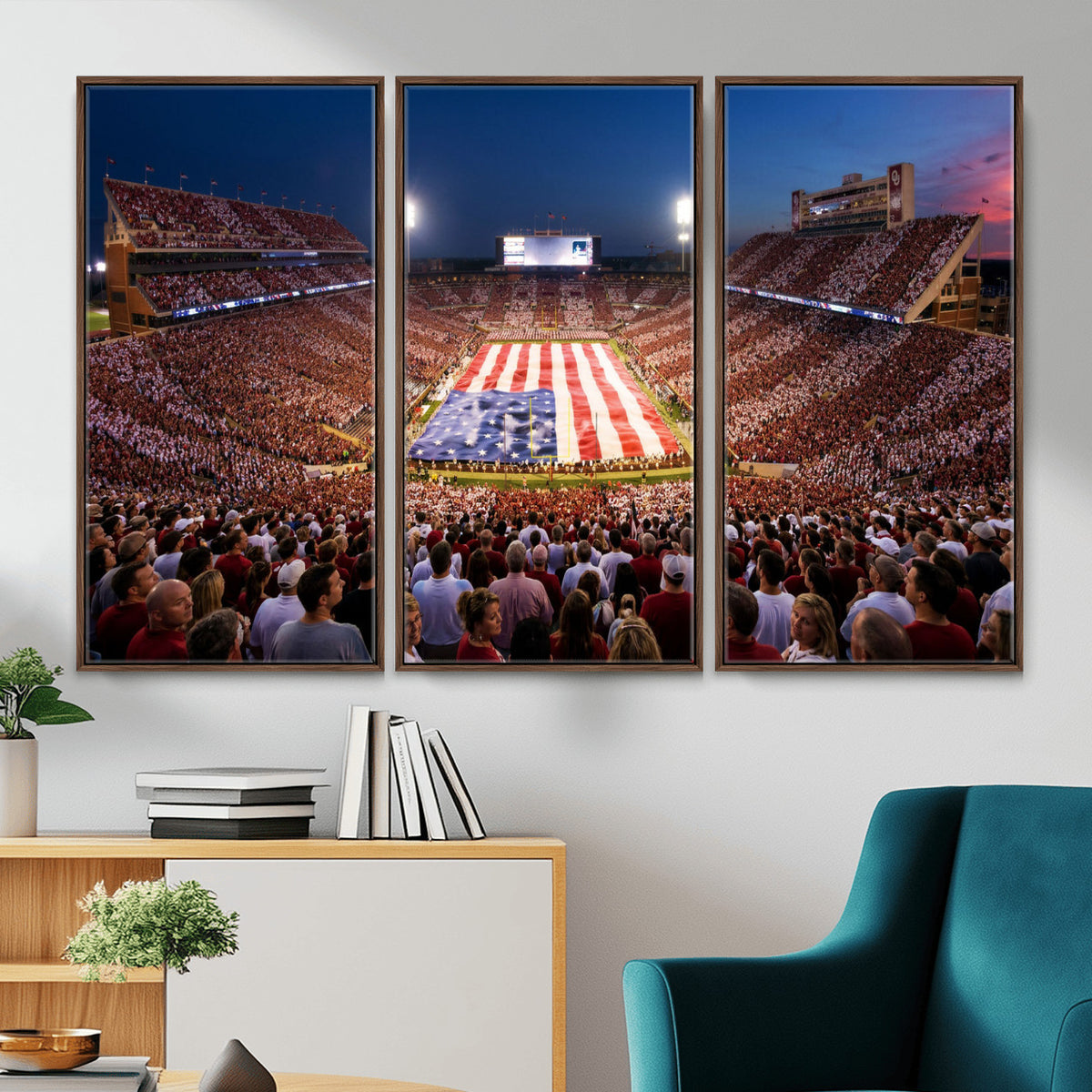 59917418-MGV-CV-36X24 - Oklahoma Memorial Stadium Wall Art Canvas Print – Oklahoma Sooners Football Artwork for Home, Office, and Sports Room Decor