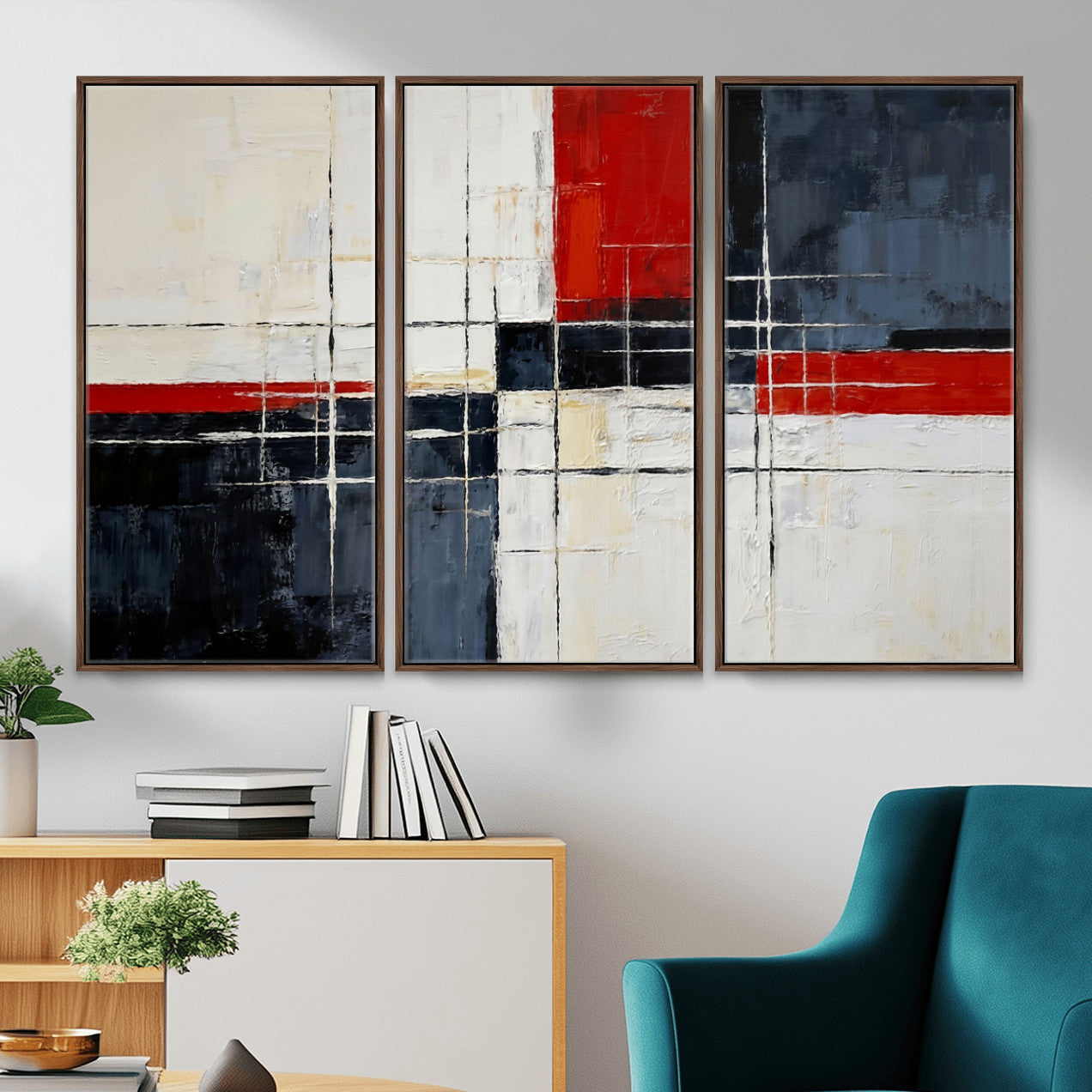 44088165-MGV-CV-36X24 - Navy Red Abstract Wall Art Canvas Print, Modern Luxury Geometric Painting Wall Decor for Living Room and Office