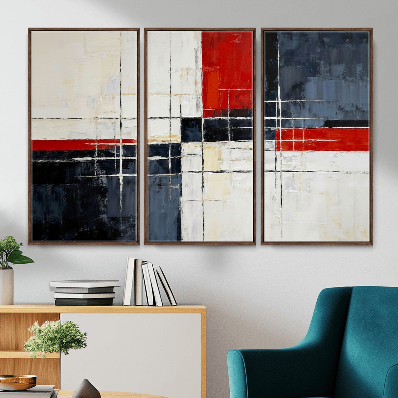 11921181-MGV-CV-36X24 - Navy Red Abstract Wall Art Canvas Print, Modern Luxury Geometric Painting Wall Decor for Living Room and Office
