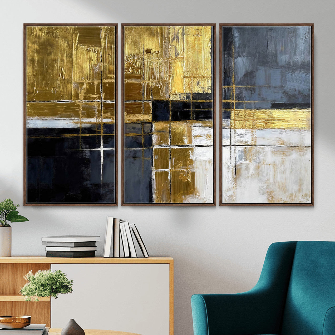 76917030-MGV-CV-36X24 - Gold Navy Abstract Wall Art Canvas Print, Modern Luxury Geometric Painting Wall Decor for Living Room and Office