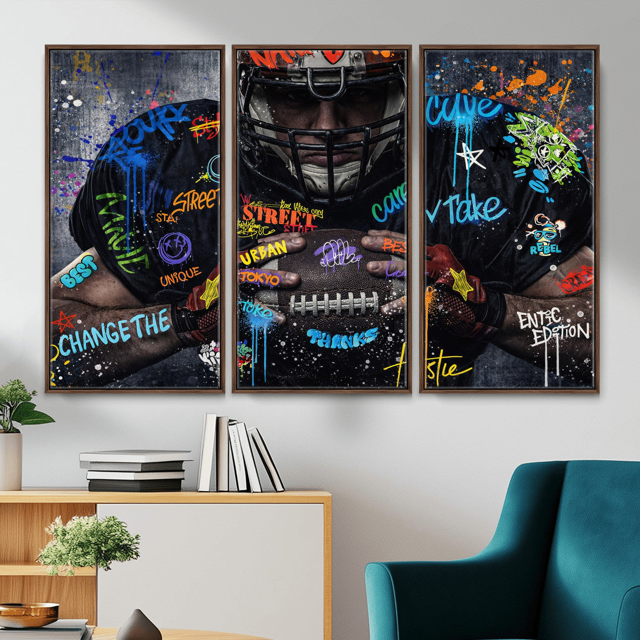 55267256-MGV-CV-36X24 - Graffiti American Football Player Street Art Wall Art Canvas Print, Urban Sports Pop Art Football Canvas Print, Modern Athletic Graffiti Contemporary Art Printing