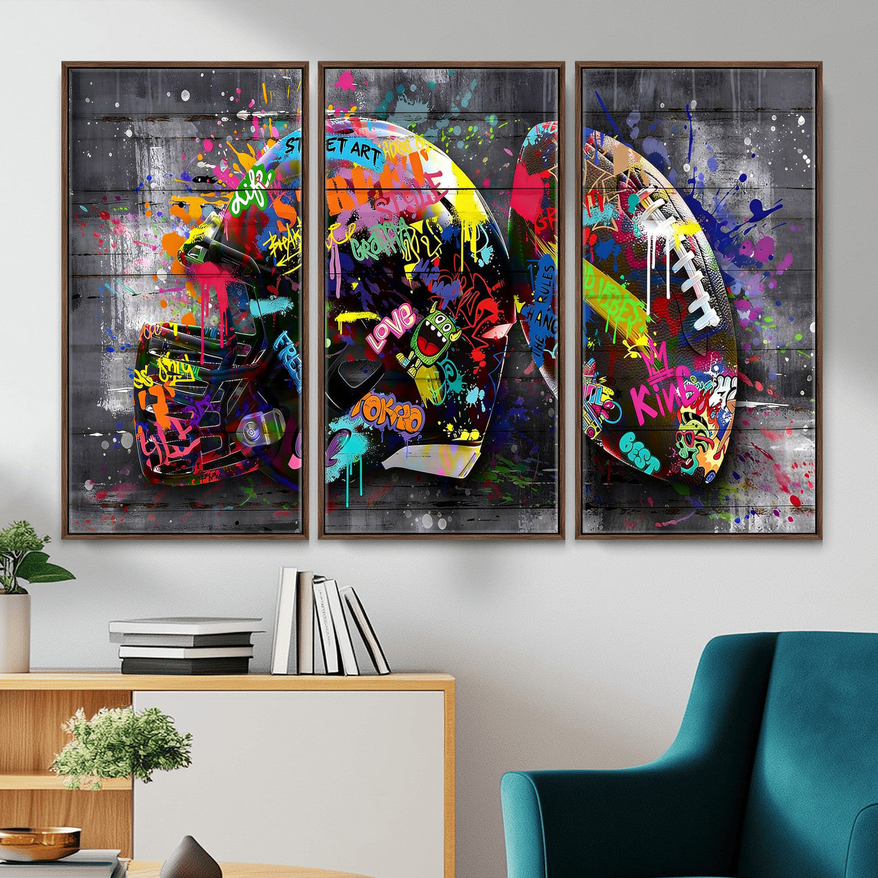 80540773-MGV-CV-36X24 - Graffiti American Football Helmet Street Art Wall Art Canvas Print, Urban Sports Pop Art Football Canvas Print, Colorful Graffiti Sports Contemporary Art Printing