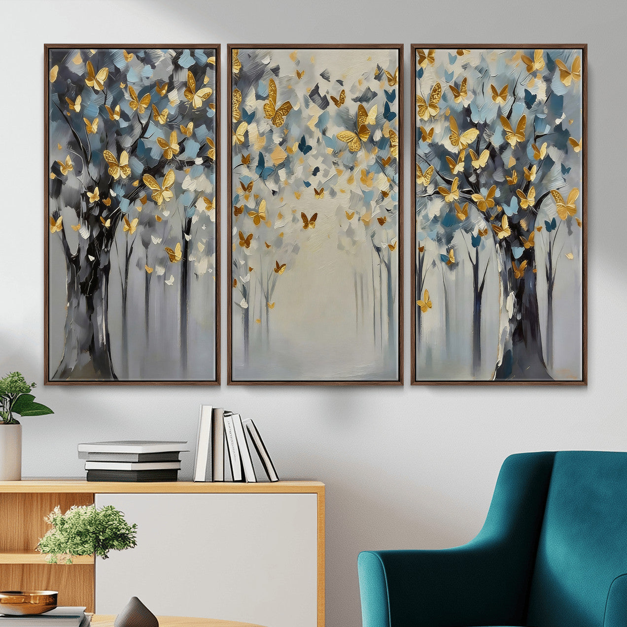 79208191-MGV-CV-36X24 - Golden Butterfly Tree Abstract Wall Art Canvas Print, Modern Elegant Nature Painting Canvas Print, Blue Gold Contemporary Floral Art Printing