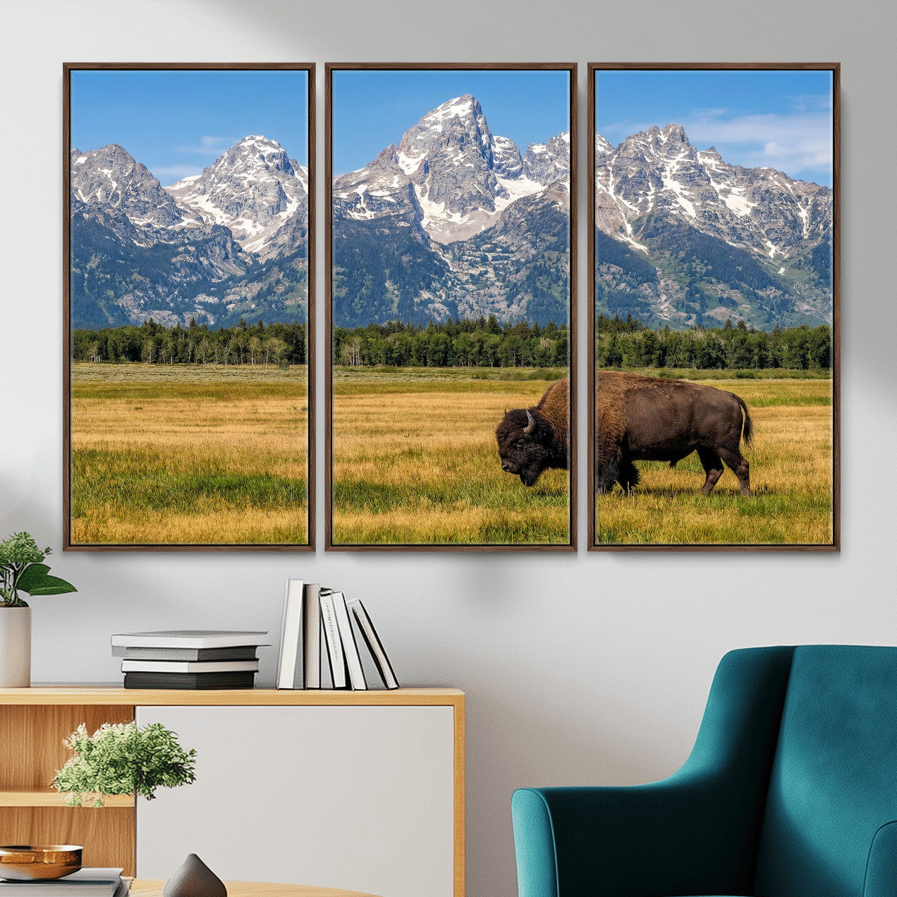 20424529-MGV-CV-36X24 - Bison in Mountain Landscape Wall Art Canvas Print – Western Wildlife Artwork for Rustic Living Room Decor