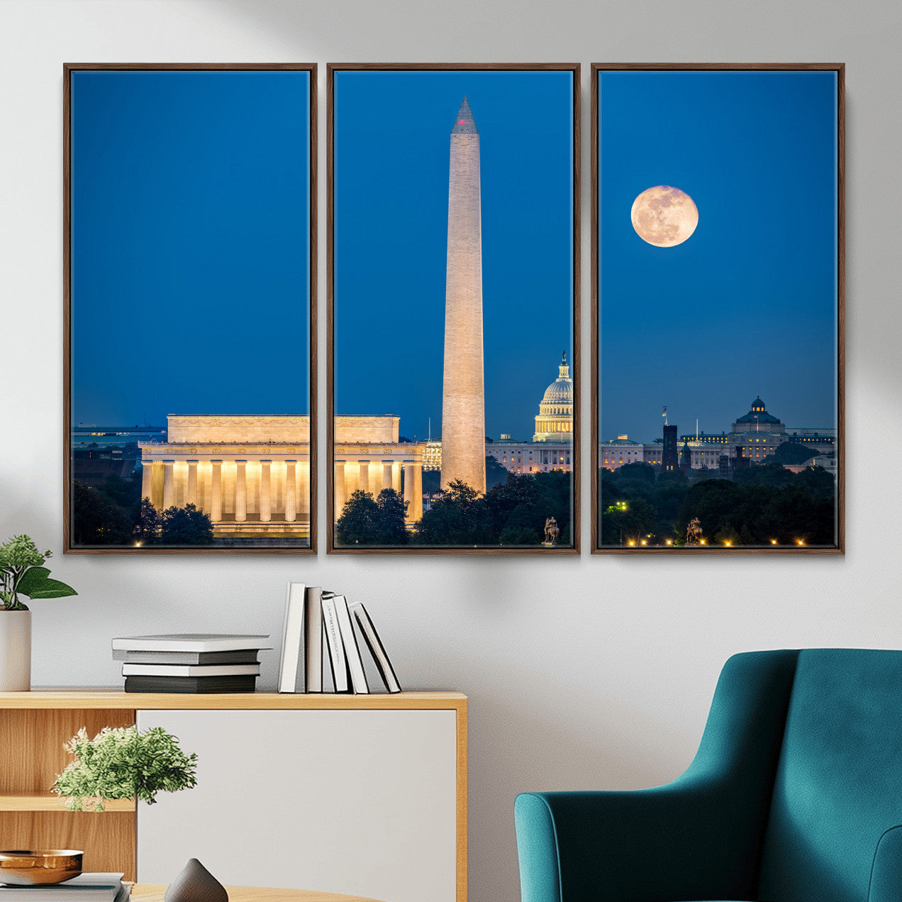 96712946-MGV-CV-36X24 - Washington DC Skyline Wall Art Canvas Print – Lincoln Memorial, Washington Monument and US Capitol Night Cityscape Artwork
