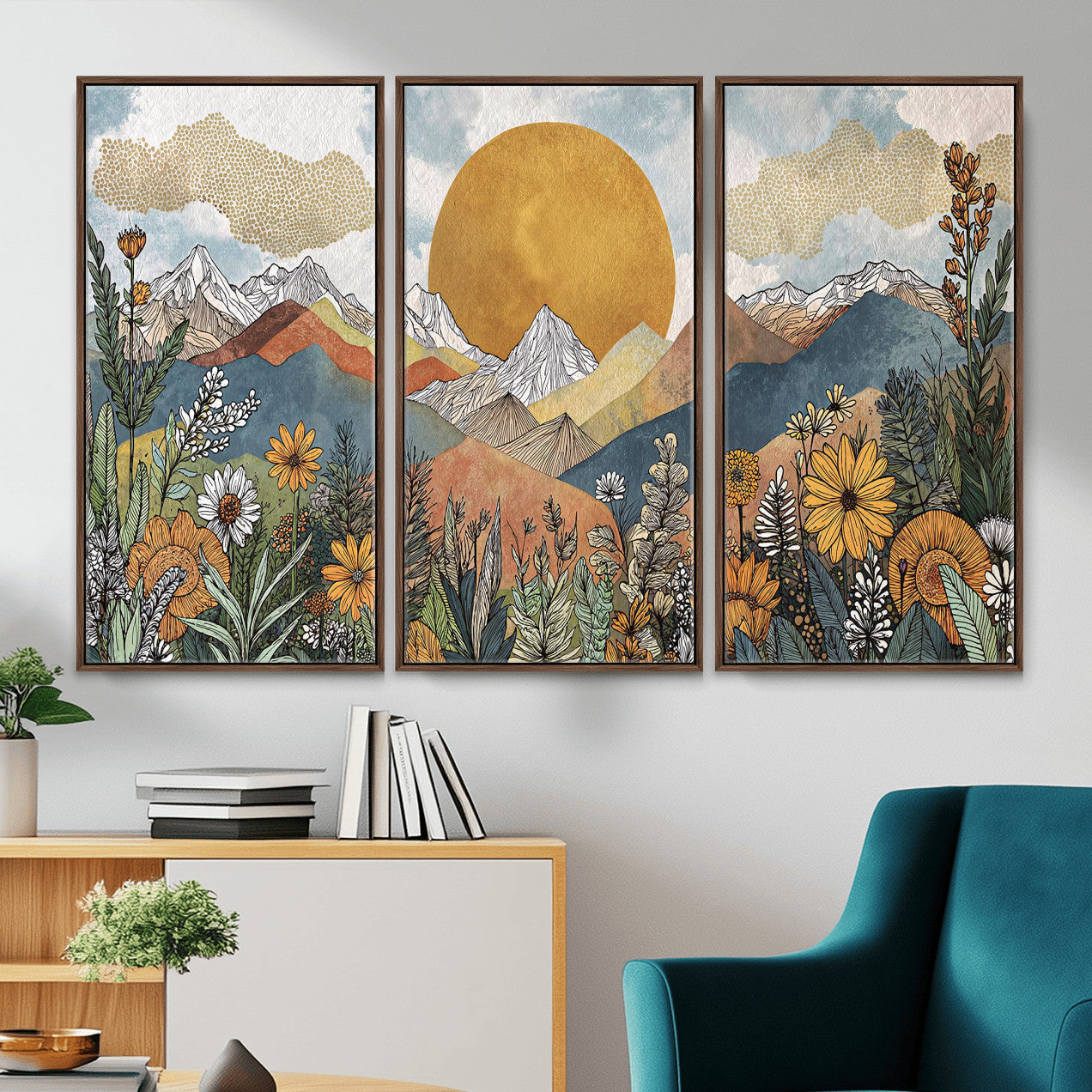 17540863-MGV-CV-36X24 - Boho Mountain Landscape Large Wall Art, Horizontal Gold Framed Canvas Print with Sun and Flowers