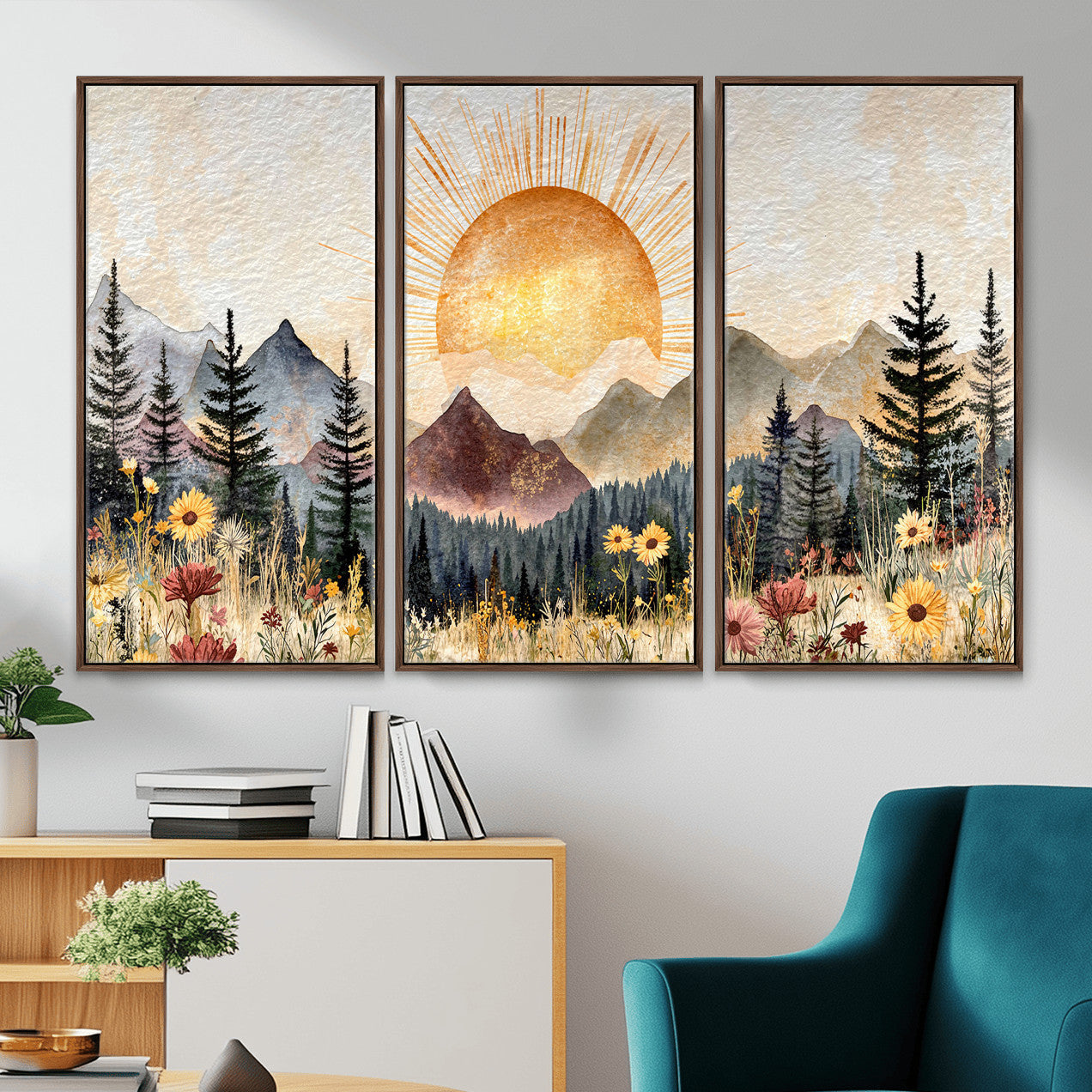 69025244-MGV-CV-36X24 - Boho Mountain Landscape Large Wall Art, Horizontal Gold Framed Canvas Print with Sun and Flowers