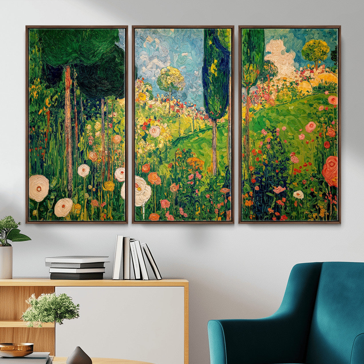 83517974-MGV-CV-36X24 - Gustav Klimt Boho Mountain Landscape Large Wall Art, Horizontal Gold Framed Canvas Print with Sun and Flowers