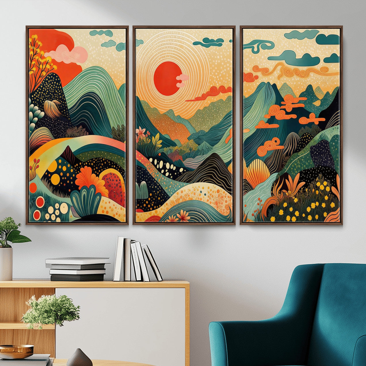 29927191-MGV-CV-36X24 - Yayoi Kusama Boho Mountain Landscape Large Wall Art, Horizontal Gold Framed Canvas Print with Sun and Flowers