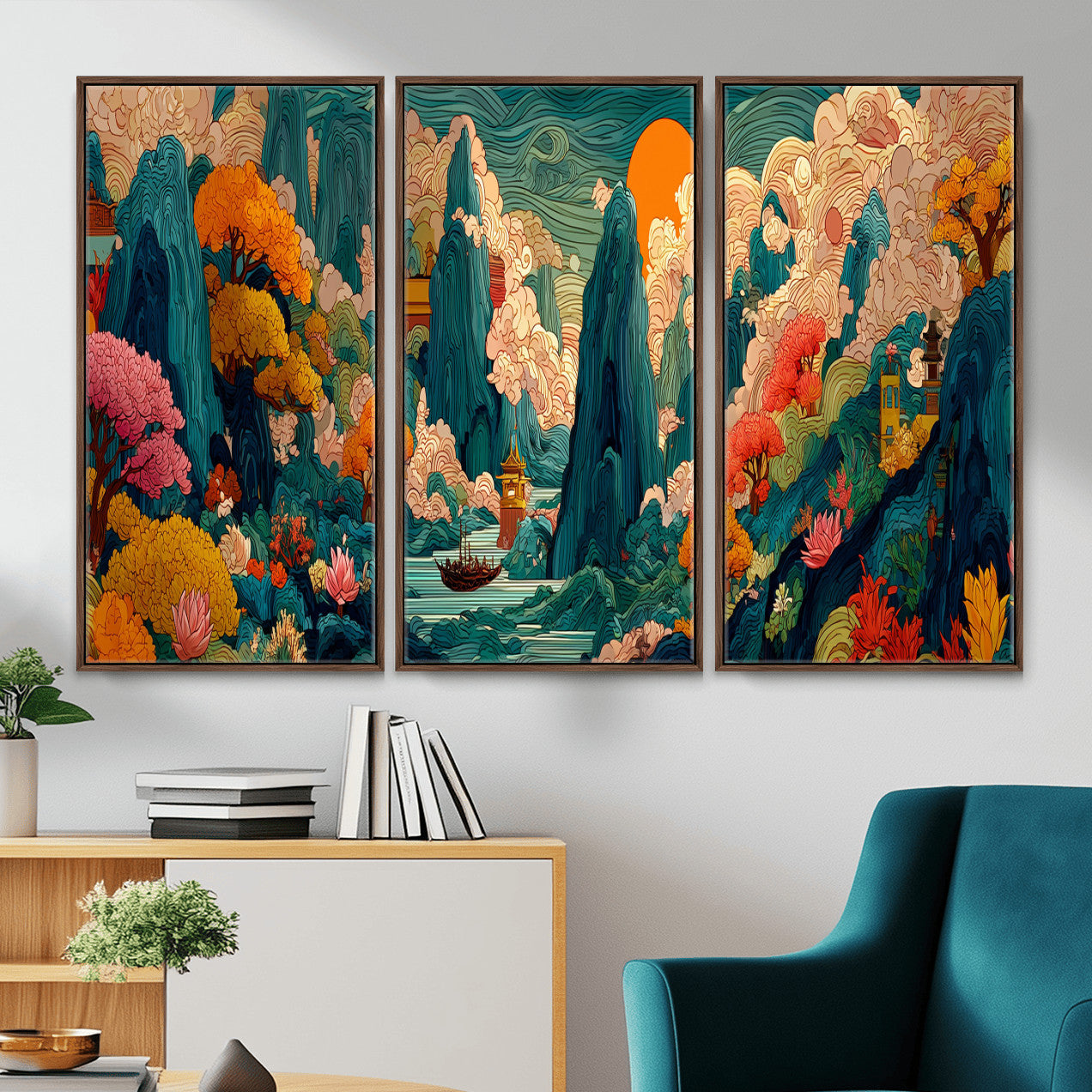 90422518-MGV-CV-48X32-3P - Colorful Japanese Landscape Print: Maximalist Panoramic Wall Art